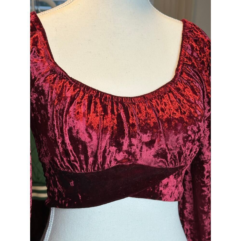 Altar’d State Crushed Velvet Long Sleeve Burgundy Crop top - Picture 2 of 4